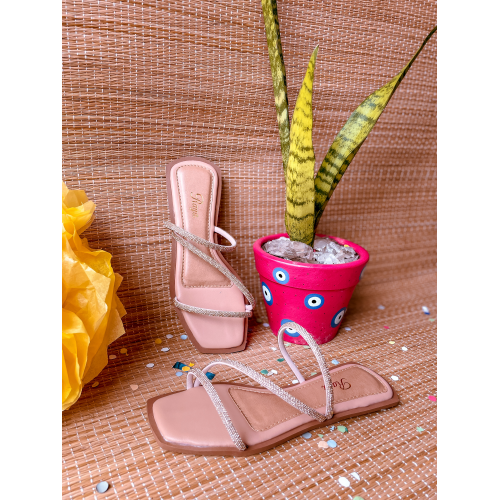Tamanco Feminino Rasteira 3 tiras strass AM005 Raya Nude