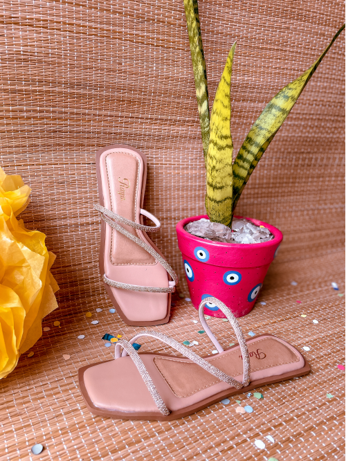 Tamanco Feminino Rasteira 3 tiras strass AM005 Raya Nude - Marcas Autorais  Raya